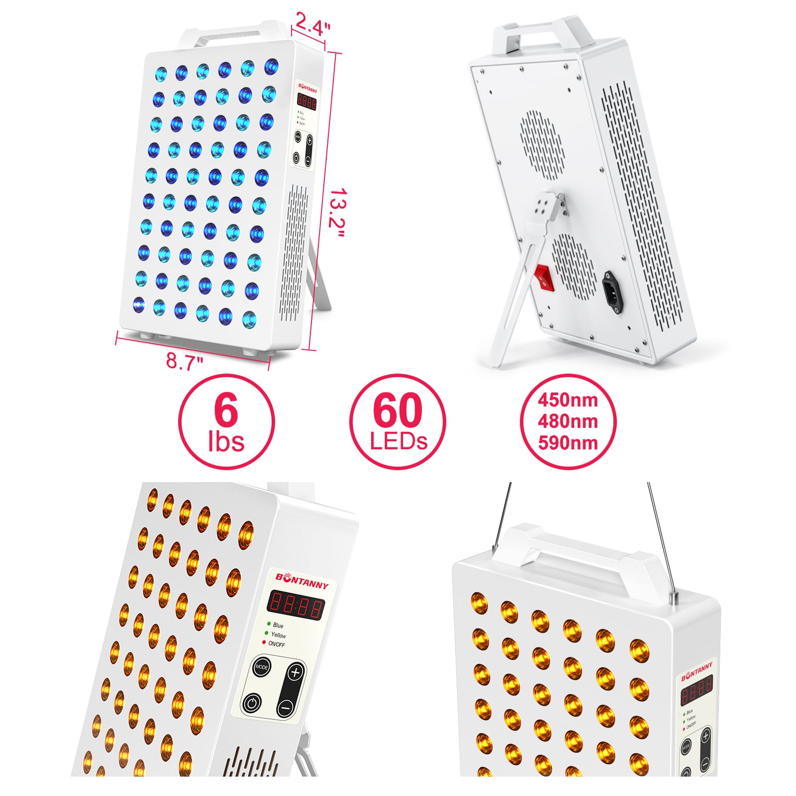 BONTANNY Blue/Yellow Light Therapy, 450/480/590nm 3 Wavelengths Remote Control